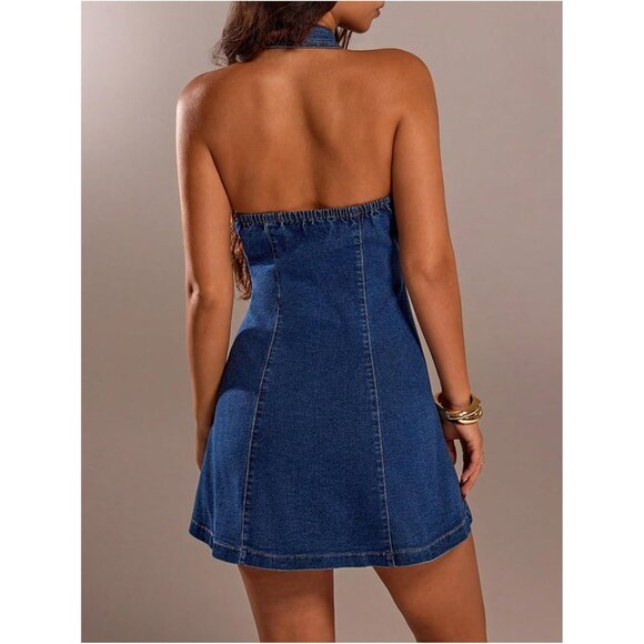 Women's Y2K Denim Halter Mini Dress Sleeveless Button Down A Line - Picture 2 of 5